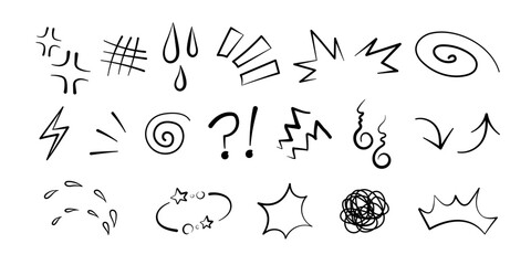 Manga or anime comic emoticon element graphic effects hand drawn doodle vector illustration set.