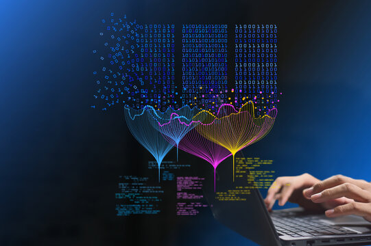 Big data technology and data science. analyze. Artificial intelligence, machine learning analytics (ML), data flow sorting concept