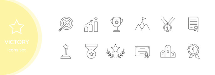 Success line icon set. Achievement, award, victory.