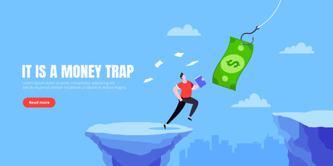 Fishing money chase business concept with businessman running after dangling dollar jumps over the cliff.