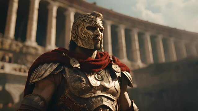 A tenacious warrior, his face partially covered by a fierce lion mask, standing in front of a grand Roman colosseum.