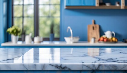 Tranquil Tones: Empty White Marble Counter Standing Out in a Blue Kitchen