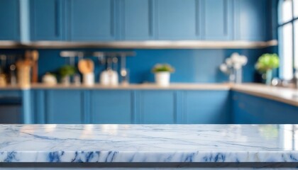 Modern Marvel: Empty White Marble Countertop in a Kitchen of Blue Tones