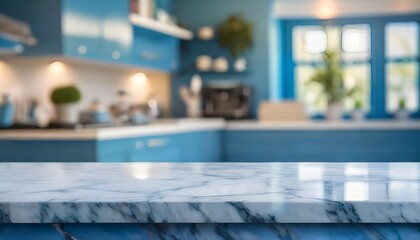 Marble Magic: Empty Countertop in a Blue-themed Contemporary Kitchen