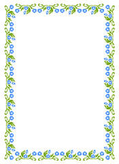Border frame design concept of blue flowers with green leaves isolated on white background - vector illustration