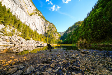 View of Lake Kammersee in Styria in the Salzkammergut. Landscape by the lake with the surrounding mountains in Austria.
