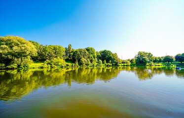 View of Lake Kemnader and the surrounding nature. Landscape at the Ruhr reservoir in the Ruhr area.
