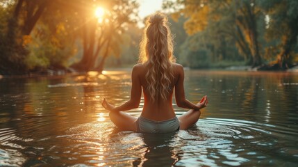 Fototapeta premium Woman practicing advanced yoga by the water