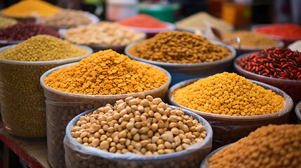 chickpea and other dried food products on the arab street market stall with blurred background