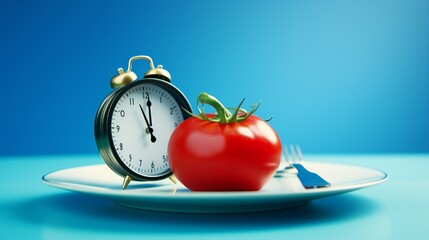 Cutlery and tomato on a plate in the form of measuring scales, Iisolated on blue background with copy space