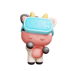 3D cute cow wearing virtual reality headset, Cartoon animal character, 3D rendering.