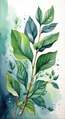 illustration of twigs  leaves and fruit  fresh green painting