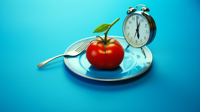 Cutlery and tomato on a plate in the form of measuring scales, Iisolated on blue background with copy space - Powered by Adobe