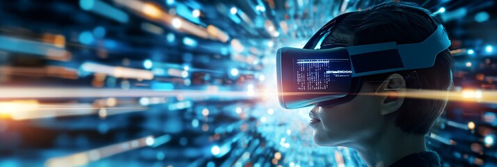 AI young creative man wearing a virtual reality headset VR headset playing games, entertainment and digital technology metaverse of the future. Generative AI