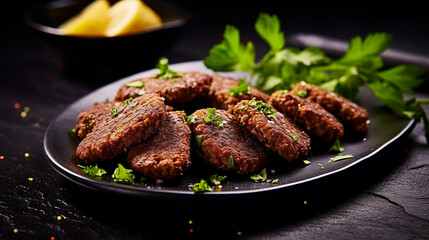 delicious Lebanese Arabic food kibbeh kibe on black slate - obrazy, fototapety, plakaty