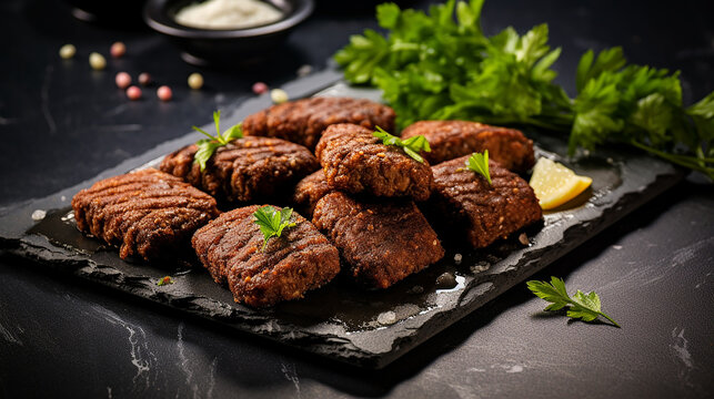 delicious Lebanese Arabic food kibbeh kibe on black slate