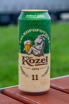 Pilsen, Czechia - August 26, 2023: Can of Velkopopovicky Kozel 11 beer.