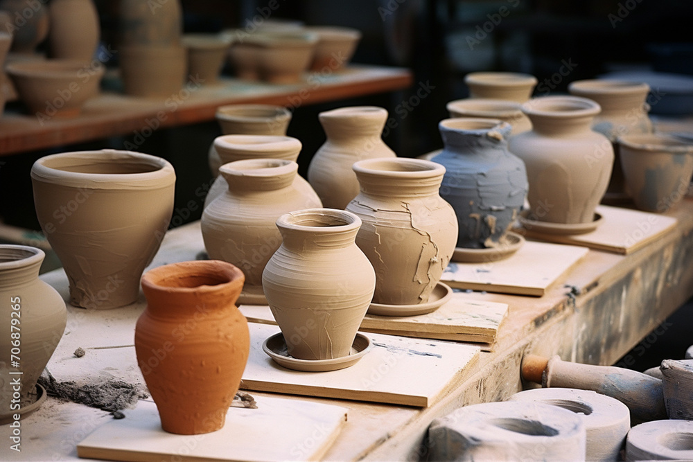 Poster a series of pots in various stages of completion on a potter's wheel.