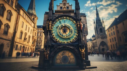 Landscape view featuring the Prague astronomical clock embedded in a building's facade, creating a picturesque cityscape.