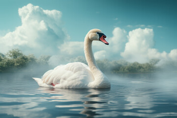 Naklejka premium A graceful swan cloud floating on a tranquil turquoise background.