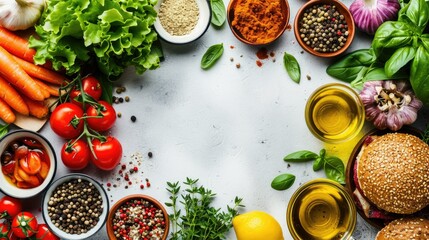 some raw ingredients to make a hamburger recipe, on a white countertop, copy space  