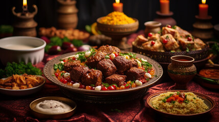 festive traditional Middle Eastern Muslim Halal food served on table with candles - obrazy, fototapety, plakaty