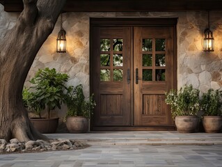 Mock up a large door leads to a house with a stone wall and a large tree in front of the house. Classic style wall lamp. © TANYAWAN