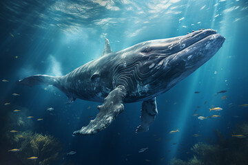 Fototapeta premium A whale cloud swimming through a deep sea blue background.