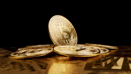 Gold coins bitcoin, close-up. The concept of virtual cryptocurrency.