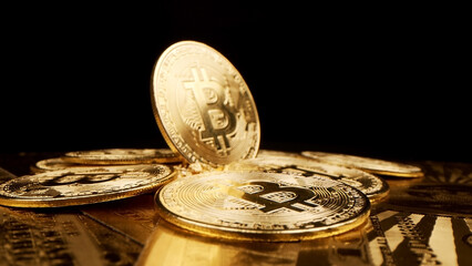 Gold coins bitcoin, close-up. The concept of virtual cryptocurrency. - obrazy, fototapety, plakaty