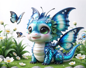 A cute little dragon playing with butterflies on the background of a spring meadow. Generative AI