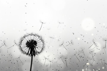 Abstract rendering of a dandelion silhouette with floating seeds. 3