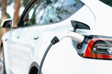 Closeup EV charger handle plugged in or connect to electric car, recharging EV car battery with...