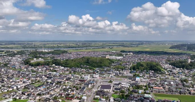 Aerial - Urban landscape of Japan Sakae-cho Inba-gun Chiba Sightseeing Business Dolly right