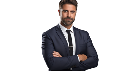 A Portrait of a businessman on a white isolated transparent background.
