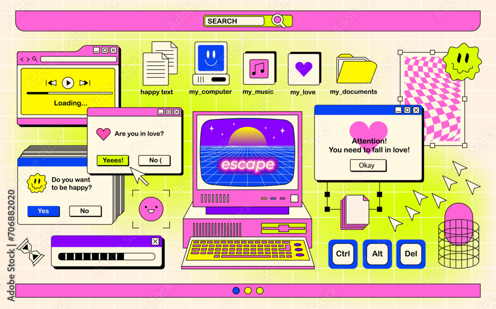 Fototapete the screen of an old retro pc in the y2k style. retro wave and vaporwave background. bright vintage 