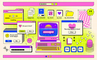 The screen of an old retro PC in the y2k style. Retro wave and vaporwave background. Bright vintage computer interface
