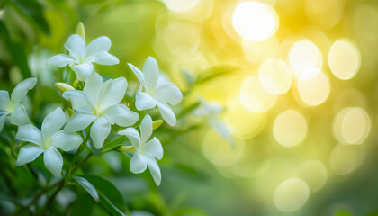 white flowers with green leaves against s vibrant bokeh background,AI generated.