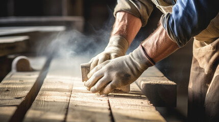 Close up of a carpenter hands with protective gloves working with wood plank