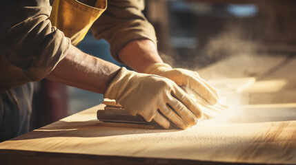 Close up of a carpenter hands with protective gloves working with wood plank - obrazy, fototapety, plakaty
