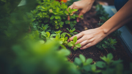 Close up of person hands working and planting in the garden