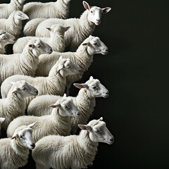 A striking flock of lambs with soft wool, clustered tightly on a stark black background, creating a unique pattern