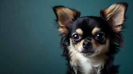 studio portrait of chihuahua dog isolated on blue background with copy space