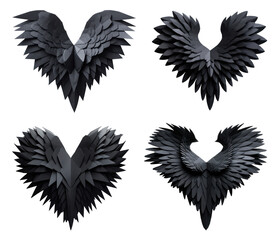 Set of Black paper origami heart with wings#01 cutout on transparent background. Valentine's day-wedding. advertisement. product presentation. banner, poster, card, t shirt, sticker.
