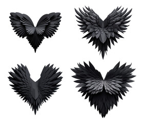 Set of Black paper origami heart with wings#03 cutout on transparent background. Valentine's day-wedding. advertisement. product presentation. banner, poster, card, t shirt, sticker.