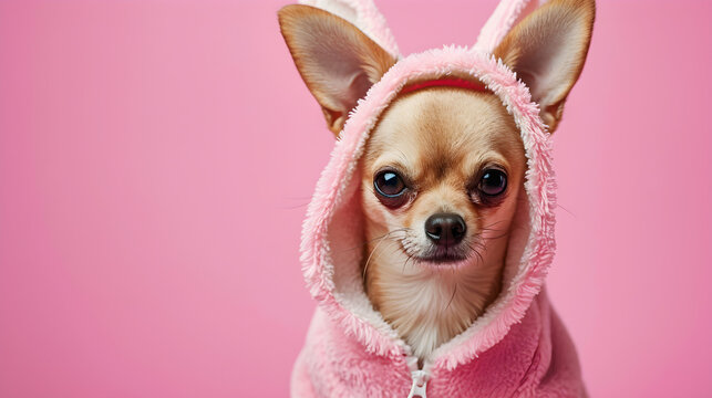 studio portrait of chihuahua dog wearing hoodie isolated on pink background with copy space