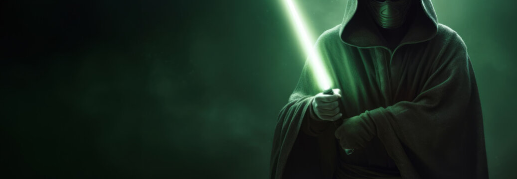 Warrior with the green light saber. Generative AI
