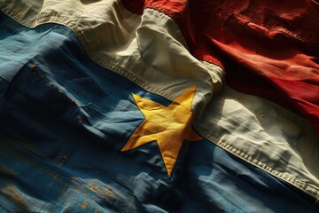 A close-up view of a flag featuring a prominent star. Ideal for patriotic themes and national celebrations