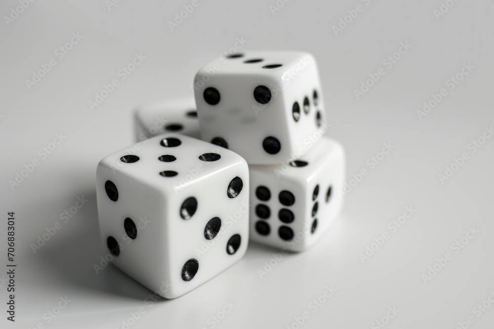 Poster four white dice sitting on top of each other. suitable for various tabletop games and gambling conce