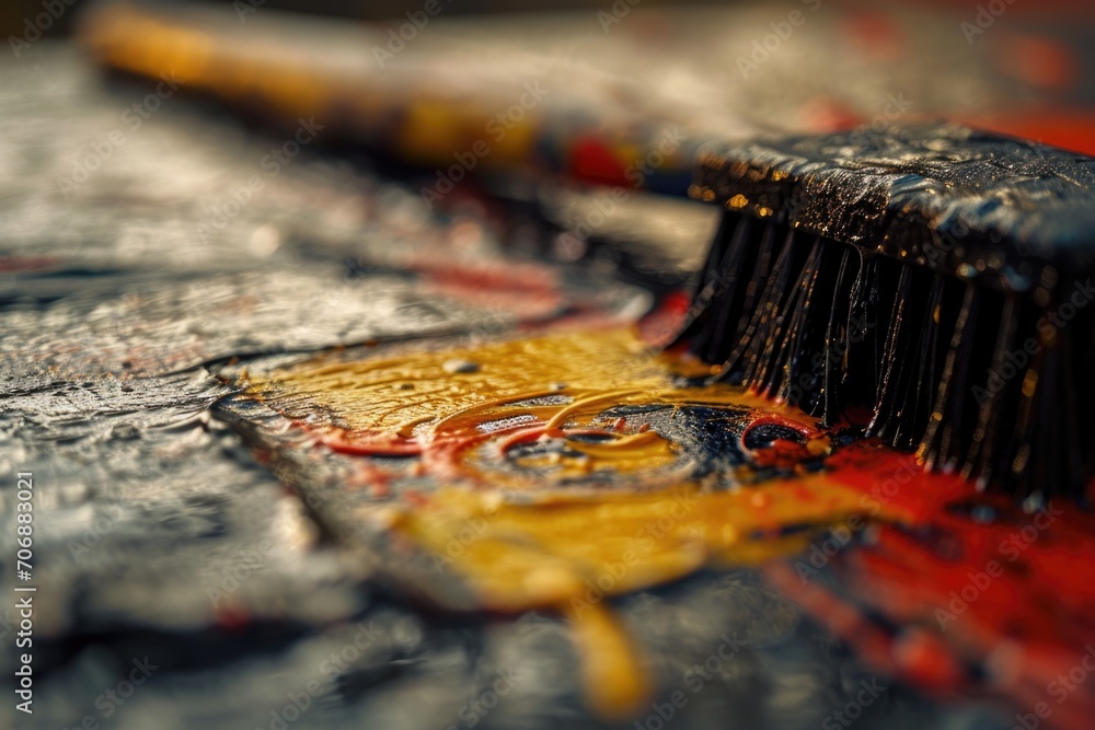 Poster a picture of a brush and some paint on a table. this image can be used for various artistic and crea